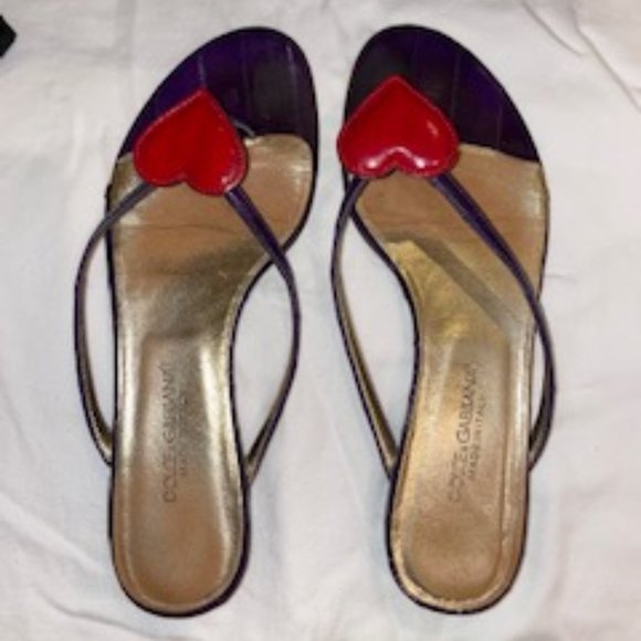 Dolce & Gabbana Purple Leather Heart Flip Flops Size 6 Sandals - Picture 3 of 9